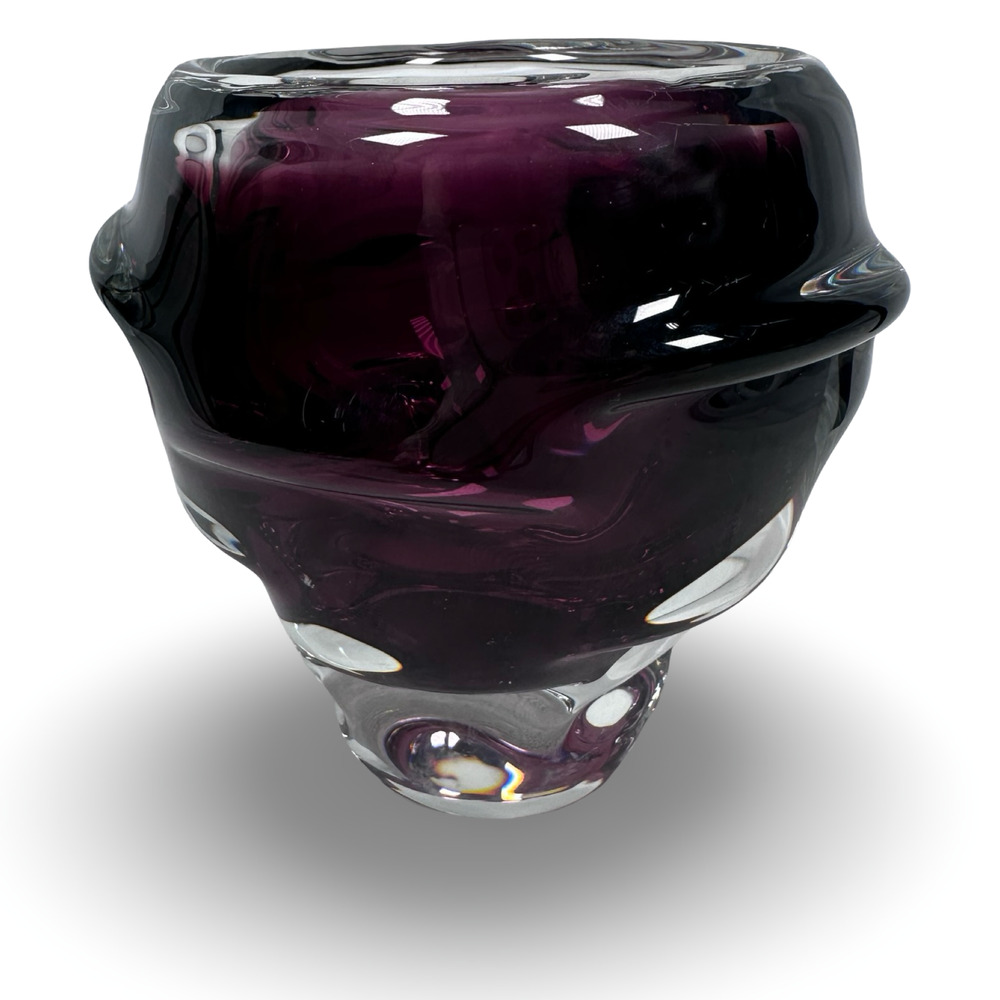 Vintage Bohemian Art Glass Vase 5" Clear Cranberry Amethyst Heavy Abstract Solid